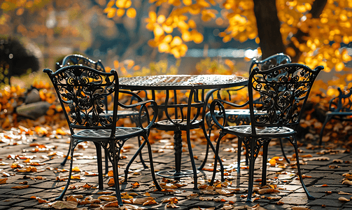 华丽金属摄影照片_秋季花园公共咖啡馆内的复古锻铁花园桌椅
