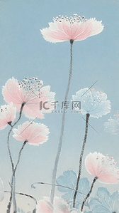 蓝色背景里的清新粉色花叶花枝