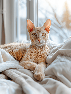 可爱的卷毛猫乌拉尔雷克斯躺在窗前的床上