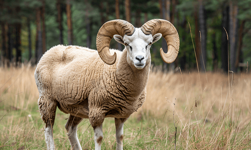 一只长着卷角的成年公羊在牧场里被吃掉