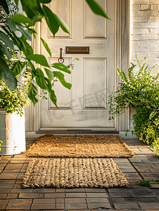 设计师欢迎入口门垫放置在入口门外的实心砖地板上并配有植物