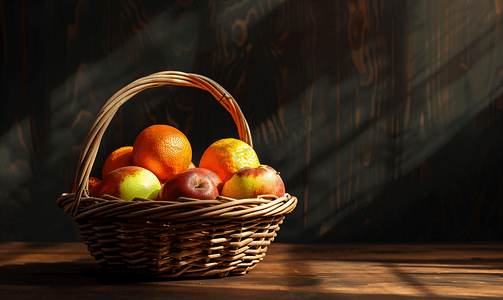 木制深色背景上的柳条水果篮