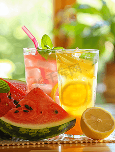 夏季果汁摄影照片_夏季喝西瓜和柑橘柠檬水
