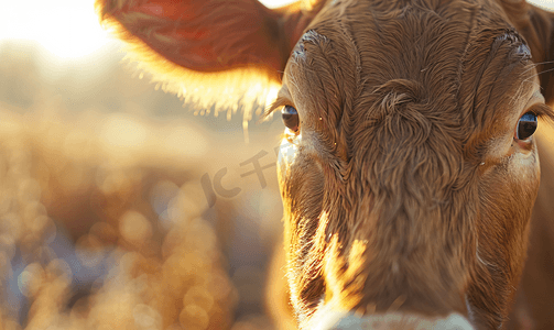 n字母和小牛摄影照片_早晨阳光下的特写眼睛牛肖像小牛脸选择性聚焦肉牛