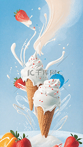 夏日清凉图背景图片_清凉冷饮3D草莓奶油冰淇淋杯背景图