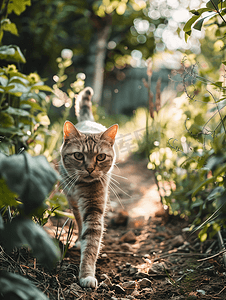 美猫在花园里散步垂直视图