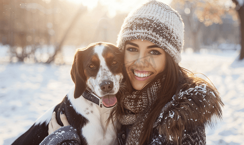 冬季大促摄影照片_满意的表情黑发美女在冬季公园和狗一起散步时笑得很开心
