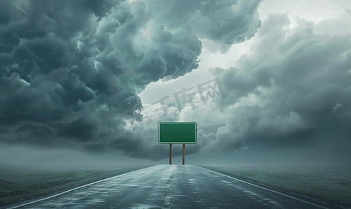 淘宝店铺标志摄影照片_风暴云上方的不确定性绿色道路标志