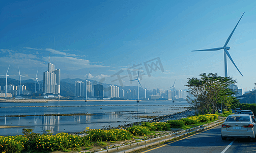 蓝色的风车摄影照片_韩国仁川和西区的景观和风力发电厂