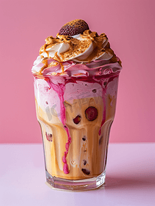 达尔戈纳在一杯时尚咖啡饮料中加入冰草莓牛奶搅打咖啡