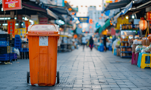 农村垃圾分类摄影照片_使用手机和市场垃圾箱的模糊图像