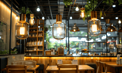 现代咖啡厅中的白炽灯爱迪生灯现代室内设计