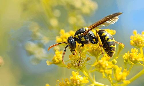 一只金黄蜂坐在一朵黄色的花上