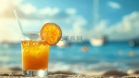 背景图夏天背景图片_夏日海边沙滩上的一杯冷饮果汁饮料背景图
