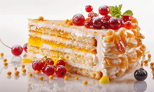 蜂蜜分层蛋糕配糖果和浆果