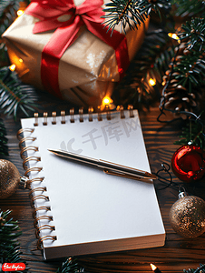 带笔的记事本木质背景带礼物和圣诞灯及装饰