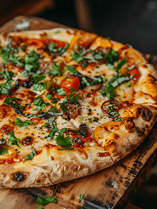木板上放着脆皮的美味烤披萨