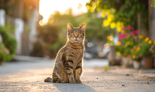 街上户外可爱的猫坐着有条纹的猫