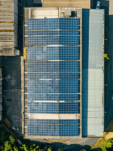 安装在大型工业建筑或仓库屋顶上的太阳能电池板的鸟瞰图