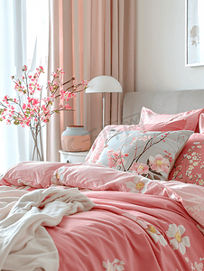 粉色优雅摄影照片_粉红色的床内饰和白天美丽的现代卧室的设计