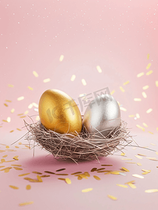 悬浮的面摄影照片_金银复活节彩蛋悬浮在粉红色背景复活节概念的巢穴上