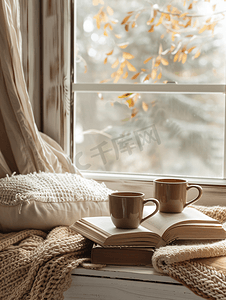 棕色的杯子放在木窗台上的一本书上上面有毯子和枕头