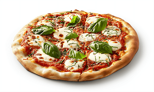 长条披萨摄影照片_烤玛格丽塔披萨配番茄酱和马苏里拉奶酪