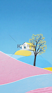 文艺清新蓝粉色夏日山坡上的房子素材