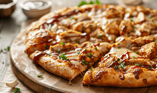 鸡肉烧烤披萨配辣酱片放在木板上