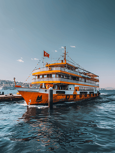 土耳其伊斯坦布尔阳光明媚的日子里渡轮在码头载客
