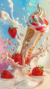 清凉夏日粉红冷饮3D草莓冰淇淋背景