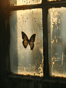 玻璃上的蝴蝶窗户上蝴蝶的剪影旧室内细节