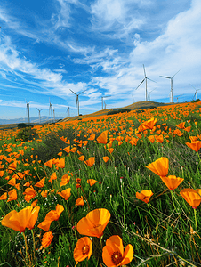 可替代能源摄影照片_风力涡轮机与壮丽的天空和加州罂粟花形成鲜明对比