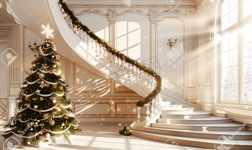 圣诞树与圣诞装饰在家庭内部与优雅的楼梯