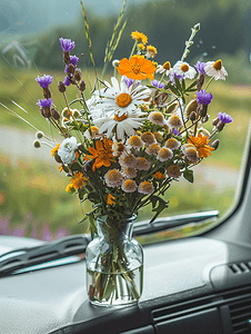 汽车仪表盘上的一束野花