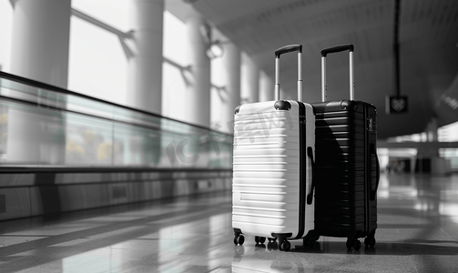 ai公文包摄影照片_白天机场大厅的黑白手提箱