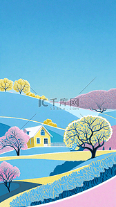 夏天的树背景图片_文艺清新蓝粉色夏日山坡上的房子图片