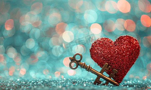 复古钥匙与红色闪光心爱情概念创意照片