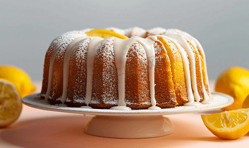 釉摄影照片_经典的柠檬磅蛋糕上面滴着糖粉釉