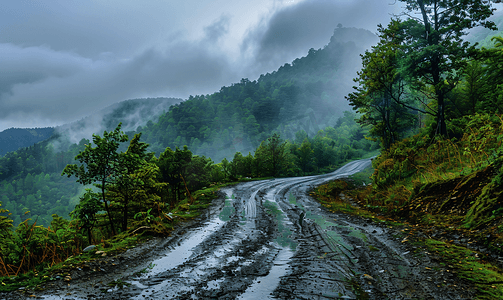 公路春天摄影照片_多云多雨的山区公路