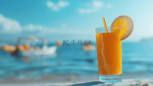 杯果汁背景图片_夏日海边沙滩上的一杯冷饮果汁饮料背景图片