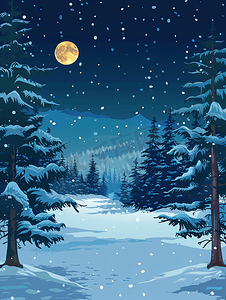 冬季夜间森林壮丽景观风景背景