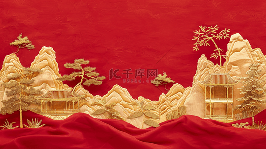 艺术壁画背景图片_红色场景金色壁画山景树木的背景图