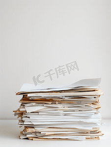 办公室里的一叠文件放在白色的桌子上白色孤立的背景
