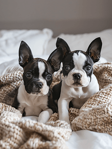 两只可爱的波士顿梗犬小狗坐在床上的毯子里