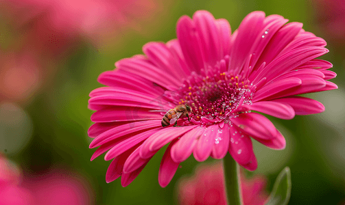 中菊花摄影照片_小蜜蜂从非洲菊花朵中采集花粉的特写镜头