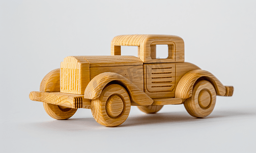 白色孤立背景上由木质复古车制成的山毛榉玩具木制车的照片