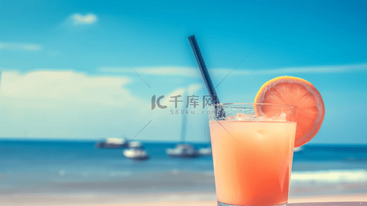 杯果汁背景图片_夏日海边沙滩上的一杯冷饮果汁饮料设计图