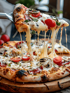 新鲜出炉的披萨配融化的奶酪