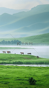 新疆旅游阿勒泰夏天牧场牧马风景设计图